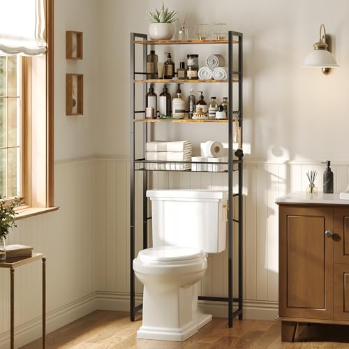 4-Tier Over-the-Toilet Storage Shelf with Basket and Hooks, Rustic Brown