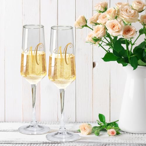 Mr and Mrs Champagne Flutes Set of 2 - Tall Hand-Blown Crystal Glassware