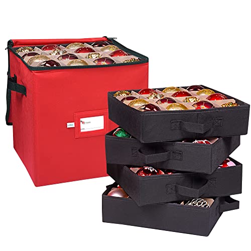 Primode Red Christmas Ornament Storage Box with 4 Trays, Holds 64 Decorations