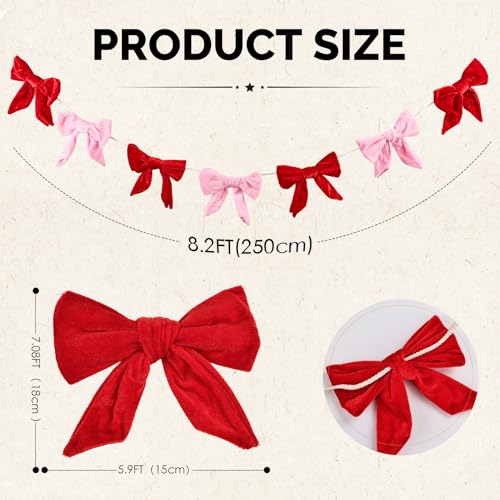 8.2FT Velvet Bow Garland Banner for Party Decorations, Red & Pink