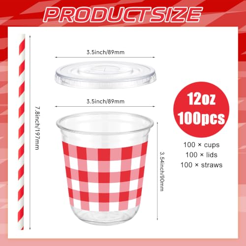Checkered Red Race Car Party Cups Set with Lids & Straws - 100 Pieces