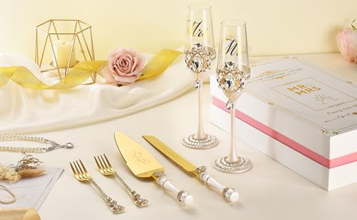 Gold Petal Rhinestone Wedding Cake Cutting Set with Champagne Flutes - BEKESIN