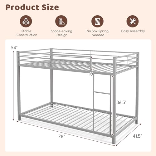 Twin Over Twin Metal Bunk Bed, Heavy Duty Low Floor Bed Frame with Ladder