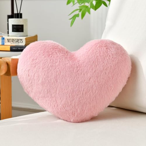 Pink Heart Throw Pillow - 13 x 10 Inch Soft Faux Rabbit Fur Decorative Pillow