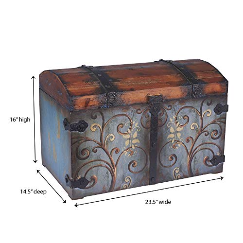 Large Vintage Wood Storage Trunk with Floral Design and Metal Accents