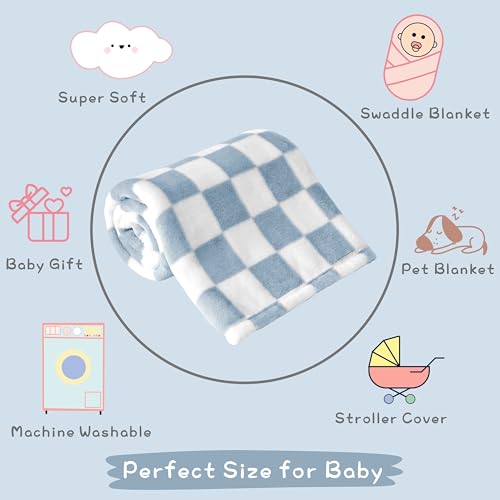 Yurhap Checkered Fleece Baby Blanket 30x40 Blue Soft Receiving Blanket