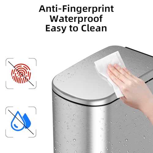 Slim Stainless Steel Trash Can, 2.6 Gallon Soft Close Garbage Can with Removable Inner Bucket and Bags for Bathroom and Narrow Spaces