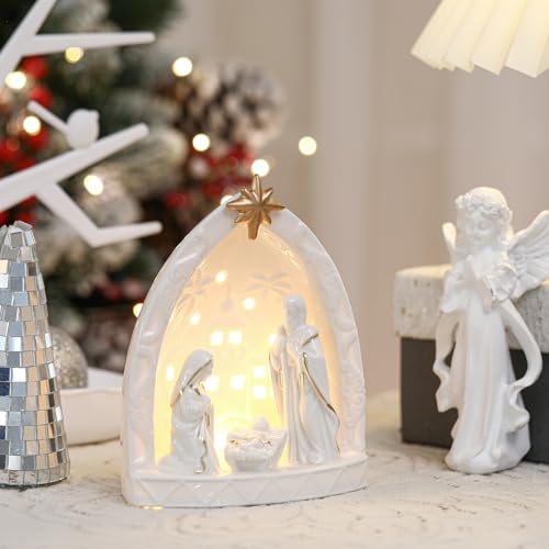 Lighted Ceramic Nativity Scene Set - Holy Family Tabletop Christmas Decor