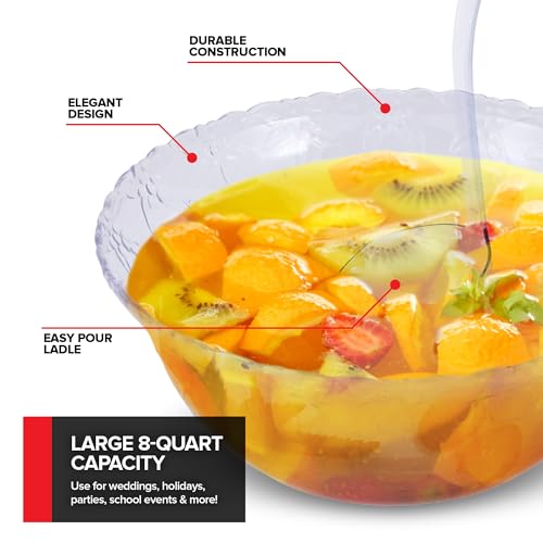 8-Quart Large Plastic Punch Bowl Set with Ladle - Crystal Clear