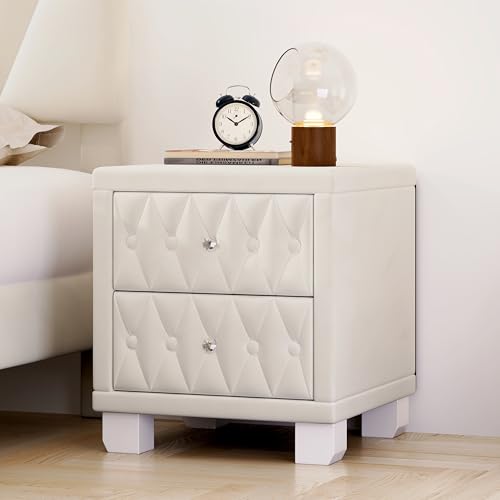 Velvet Upholstered Nightstand with 2 Drawers and Crystal Handles, Beige