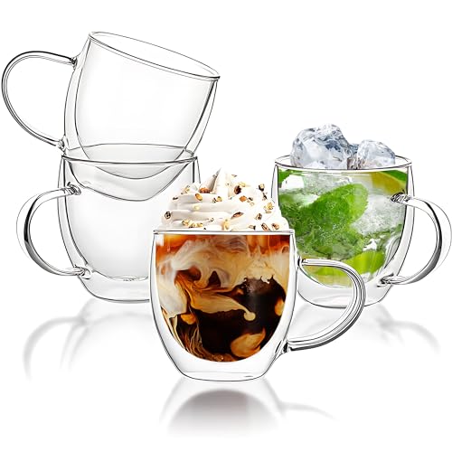 YMMIND 6oz Set of 4 Double Walled Glass Coffee Mugs with Handles - Insulated Borosilicate Espresso Cups for Hot Beverages