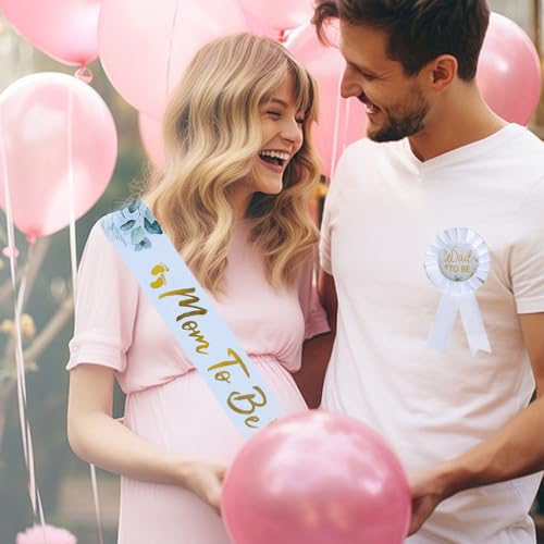 Mom To Be Sash and Daddy To Be Badge Pin Set, Sage Greenery Baby Shower