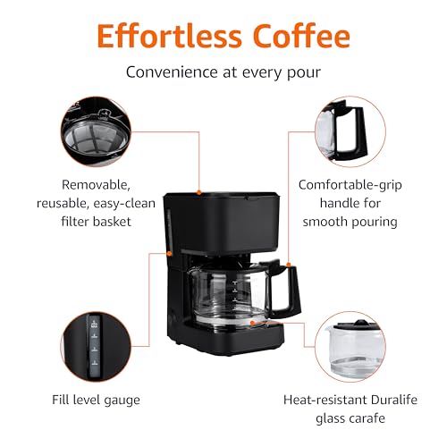 5-Cup Drip Coffee Maker with Glass Carafe & Auto Shut-Off, Matte Black