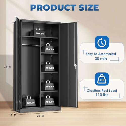 72-inch Metal Wardrobe Cabinet with Lock, Adjustable Shelves and Hanging Rod