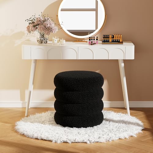 Round Teddy Storage Ottoman with Tray - 17.5 Inch Plush Vanity Stool