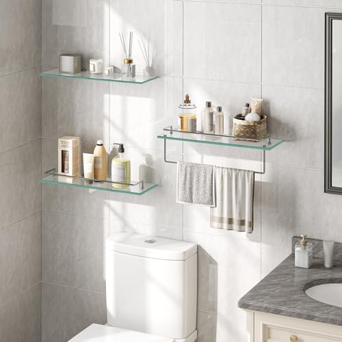 Set of 2 Floating Glass Bathroom Shelves with Towel Rod, 15.7-Inch