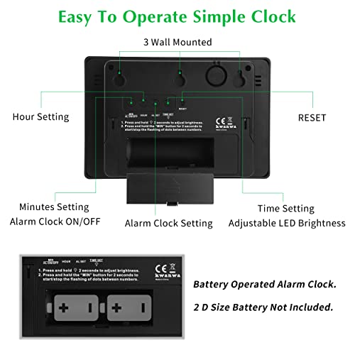 3-Inch LED Digital Alarm Clock, Battery Operated, Wall-Mount or Tabletop