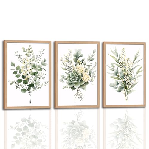 3-Piece Framed Botanical Wall Art Set, Sage Green Watercolor Floral Canvas