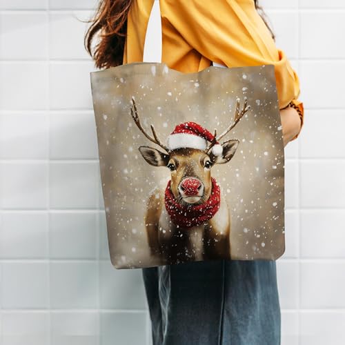 Reindeer Christmas Canvas Tote Bag for Women Holiday Gift Shopping & Travel