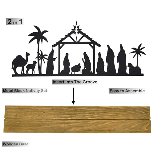 Metal Nativity Scene Tabletop Decoration with Wooden Base