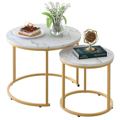 2-Piece Round Nesting Coffee Table Set with White Marble Pattern & Gold Frame