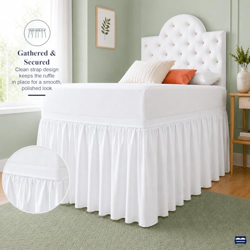 Twin XL Bed Skirt 32 Inch Drop - White Microfiber Dust Ruffle for Dorms