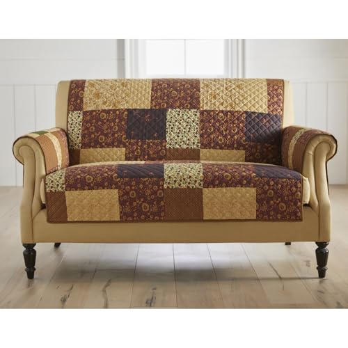 Faux Patchwork Loveseat Protector with Pockets - Brown Gold