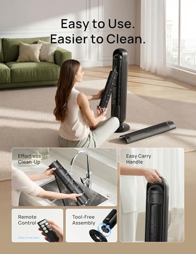 DREO Tower Fan for Bedroom, 20dB Ultra Quiet, 8 Speeds, 90° Oscillating DC Motor with Remote, Black