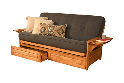 Full Size Wooden Futon Sofa Bed with Storage Drawers and Charcoal Mattress