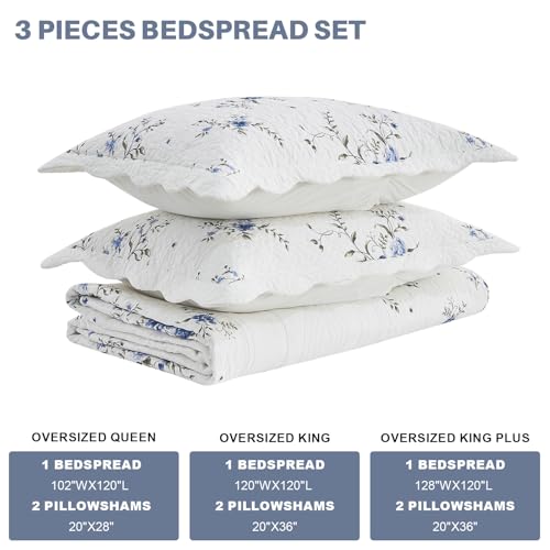 Floral Oversized Queen Bedspread Set, 100% Cotton, 3 Piece