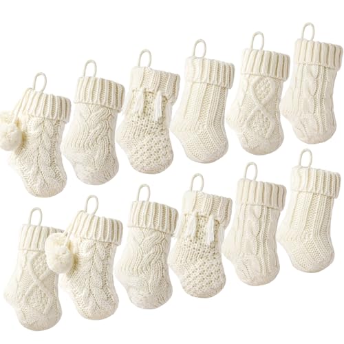 Pawliss 7 Inch Cream White Farmhouse Knitted Christmas Stockings - 12 Pack