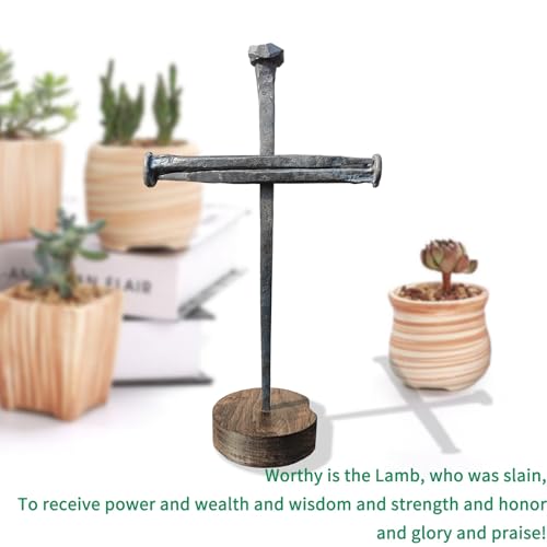 Hand-Forged Iron Crucifixion Nail Cross on Wooden Base - Religious Decor