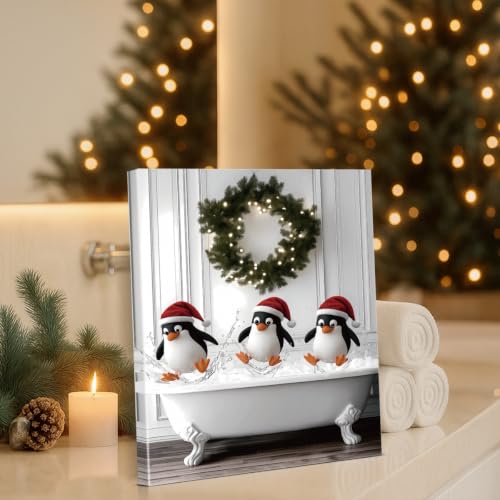 Funny Penguins Christmas Bathroom Wall Art Decor - Canvas Print G - 11x15 Inches