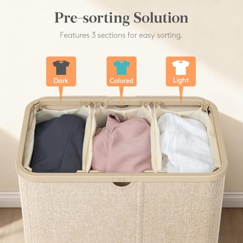 185L 3-Section Laundry Hamper with Lid, Foldable Clothes Sorter Basket