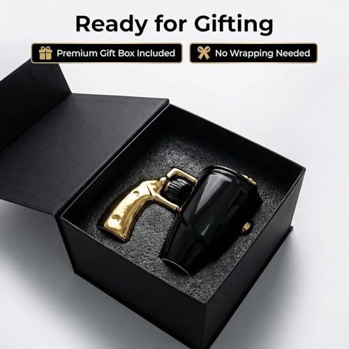 LUCYLANKER Revolver Gun Mug with Lid - 16 oz Gold Ceramic Coffee Tea Cup with Spin Handle, Novelty Gun Gift for Men & Enthusiasts