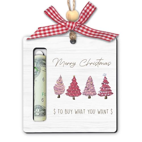 Pink Merry Christmas Money Holder Ornament - Pink Xmas Tree Gift for Women Men - Wooden Hanging Decor - Variation Pink 02