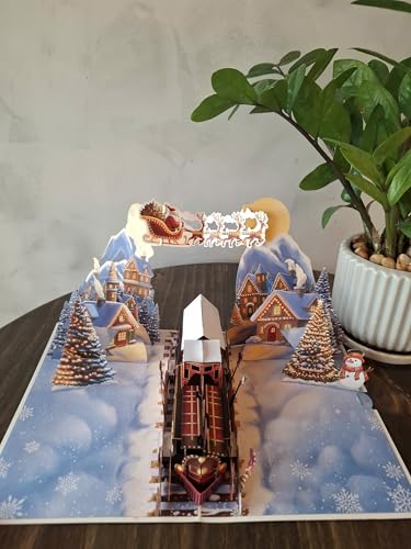 Christmas Train Pop Up Card - 3D Vintage Steam Locomotive Holiday Card, 6 x 8 Inches