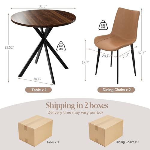 Walnut 31.5" Round Dining Table Set for 2 with 2 Brown Chairs - Mid-Century X-Shaped Leg