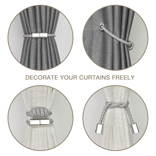 Magnetic Curtain Tiebacks, 2-Pack Hand-Woven Rope Holdbacks - Silver Grey