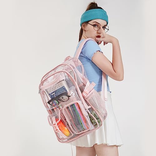 Large Clear Backpack for School & Events - Heavy Duty Transparent Bookbag (Pink)
