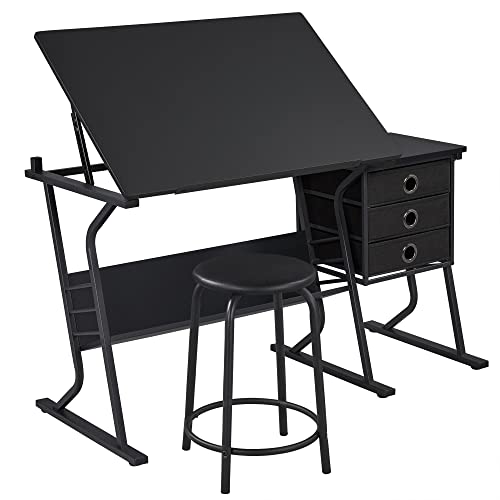 Adjustable Drafting Table with Stool, 3 Drawers and Storage Shelf, Black