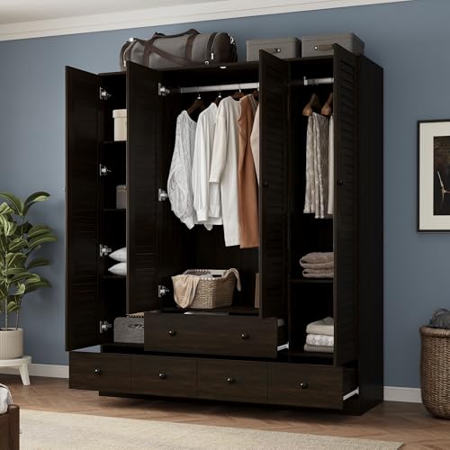 Tall Bedroom Wardrobe with Louvered Doors, Shelves, and Drawers - Vintage Brown
