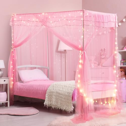 Twin Size Bed Canopy Curtains with Fairy Lights & Glow Stars - Pink