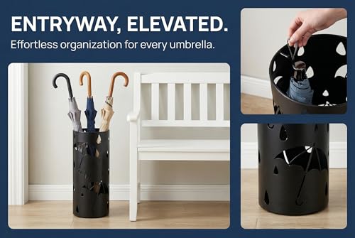 Round Metal Umbrella Stand for Entryway, Black Storage Rack with 3 Hooks