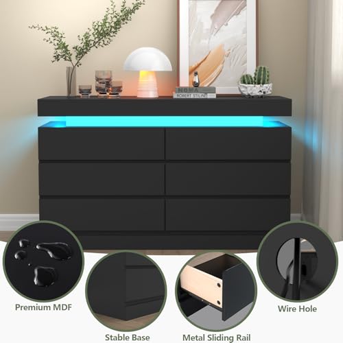 6-Drawer Dresser with Charging Station and LED Lights