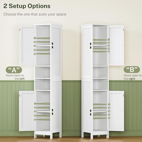 TEENFON 67-Inch White Bathroom Storage Cabinet with 2 Doors, Adjustable Shelves, Narrow Design