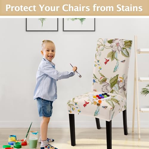 Stretch Chair Covers Set of 4, Washable Spandex Protector for Dining Room - Beige Floral