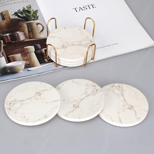 White Marble Coasters Set of 6 with Cork Non-Slip Bottom and Gold Holder - Absorbent Ceramic Drink Coasters