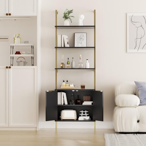 71-Inch Ladder Bookshelf with Storage Cabinet, Wall-Mounted Display Shelf