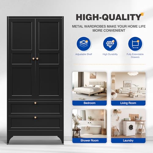 71-Inch Tall Metal Wardrobe Closet with 2 Drawers and Hanging Rod